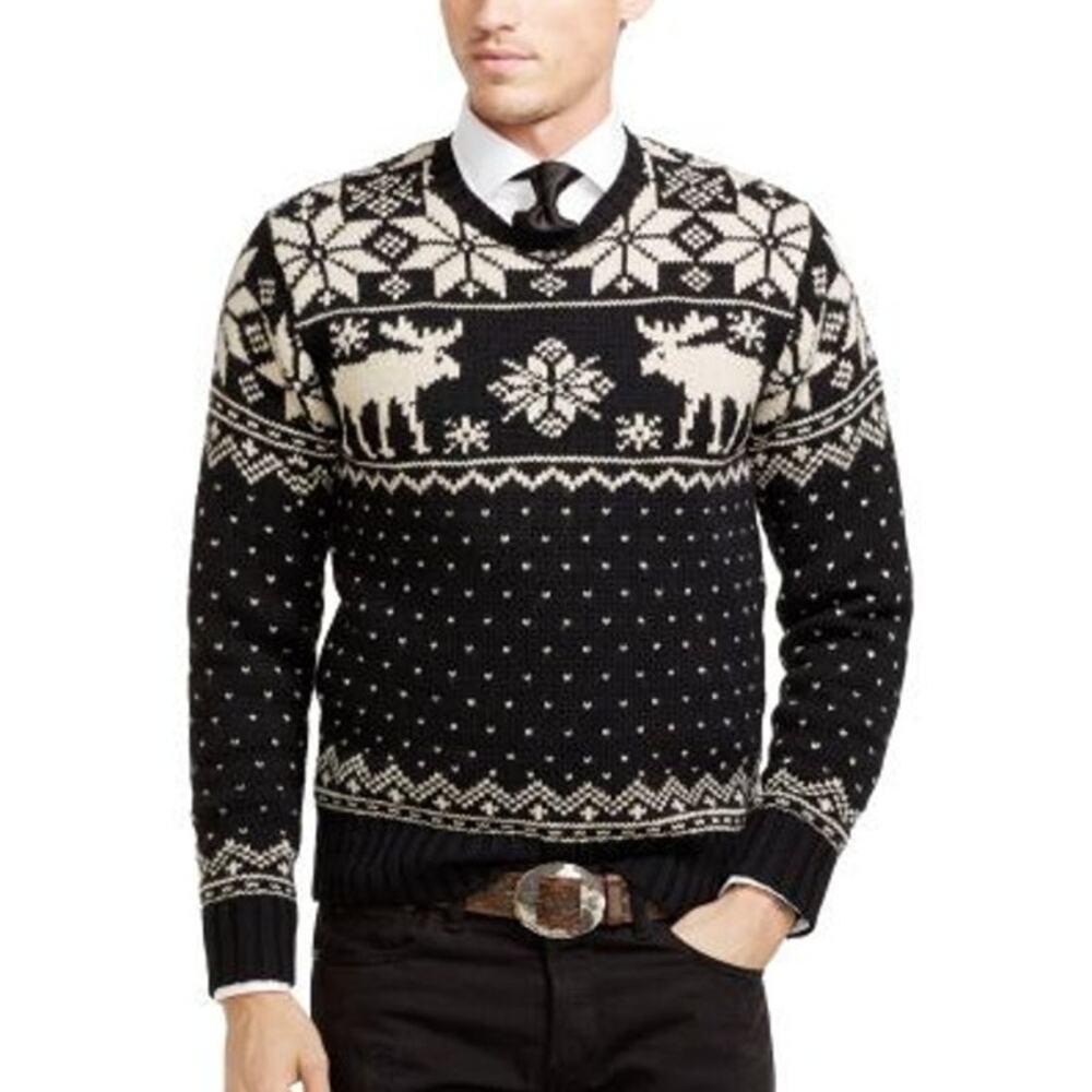 Polo Ralph Lauren Reindeer Wool Pullover Sweater Black Winter Cabin Men's M